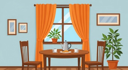 Cozy dining area with orange curtains and plants inviting ambiance