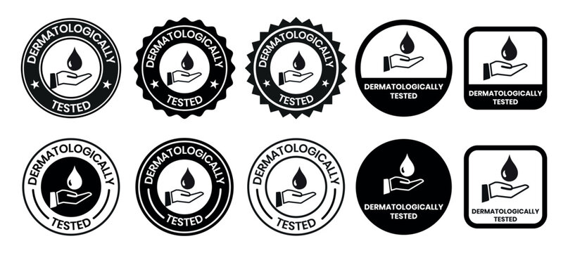Set dermatologically tested vector label with water drop, leaf and hand logo. Dermatology test and dermatologist clinically proven icon for allergy free and healthy safe product package tag.