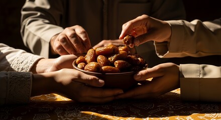 Hands Sharing a Bowl of Dates in Warm Light Symbolizing Community, Tradition, and Hospitality
