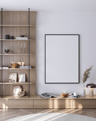 Modern Living Room Poster Frame Mockup with Natural Light and Minimalist Decoration. 3D render.