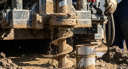Close-up of water well drilling process with industrial equipment.