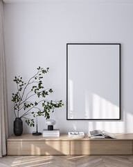 Modern Living Room Poster Frame Mockup with Natural Light and Minimalist Decoration. 3D render.