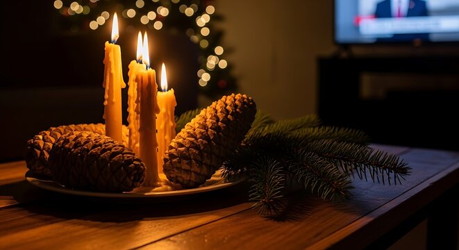 Burning beeswax candles with pine cones and fir branches on table