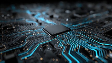 Close-up of a central processing unit connected to motherboard illuminated with blue lines, depicting modern technology and computer science concepts