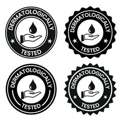 Set dermatologically tested vector label with water drop, leaf and hand logo. Dermatology test and dermatologist clinically proven icon for allergy free and healthy safe product package tag.