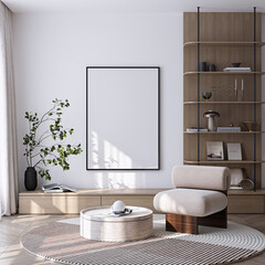 Modern Living Room Poster Frame Mockup with Natural Light and Minimalist Decoration. 3D render.