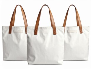 Three Blank White Canvas Tote Bags with Tan Leather Handles on a White Background