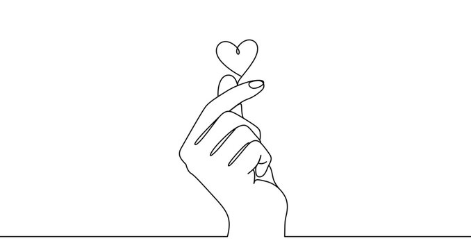 Hand gesture "Korean heart" drawn with one continuous line. Symbol of love, affection, greeting, acknowledgment, and romance. Vector illustration.