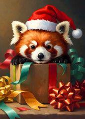 Cute red panda with a Santa hat in a Christmas gift box