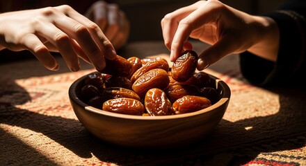 Hands sharing dates from bowl in warm sunlight, Ramadan iftar breaking fast tradition