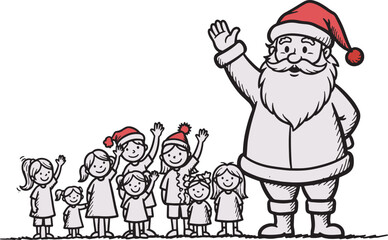 Obraz premium Santa Claus with group of smiling children waving hands illustration