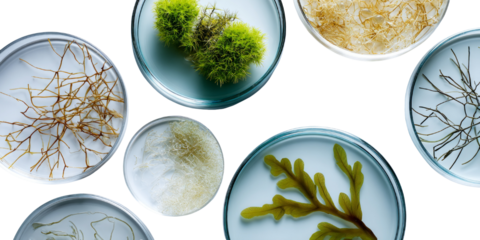 Close-Up of Diverse Plant Samples in Petri Dishes Showcasing Natural Science Exploration