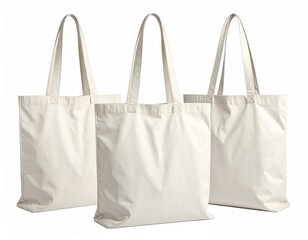 Three Plain White Canvas Tote Bags Arranged for Product Display on a White Background