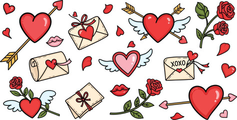 Valentine's Day romantic doodles&mdash;hearts, roses, cupid's arrow, love letters, and kisses, cute sketch vector