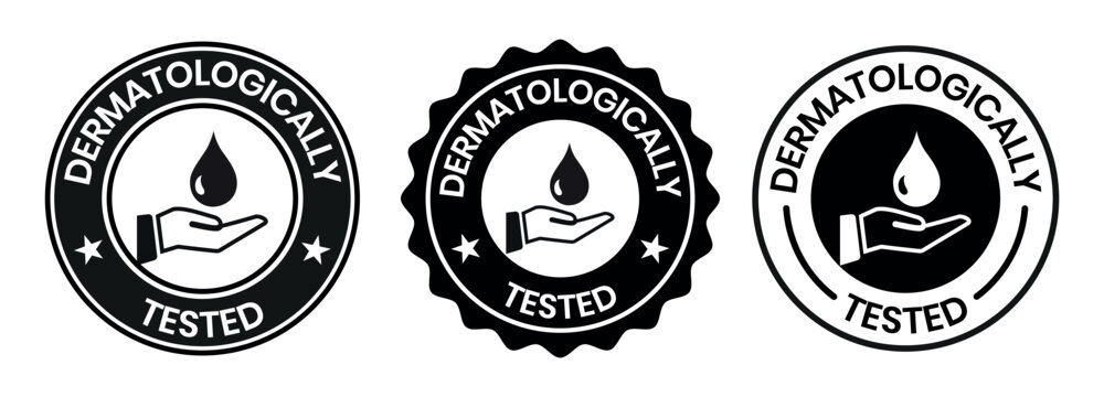 Set dermatologically tested vector label with water drop, leaf and hand logo. Dermatology test and dermatologist clinically proven icon for allergy free and healthy safe product package tag.