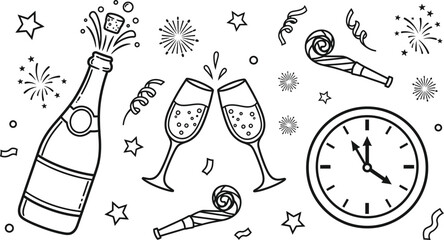 New Year's Eve celebration doodles—champagne bottle, glasses, clock striking midnight, party blowers, black vector outline