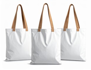 Three Plain White Canvas Tote Bags with Tan Leather Handles on a White Background