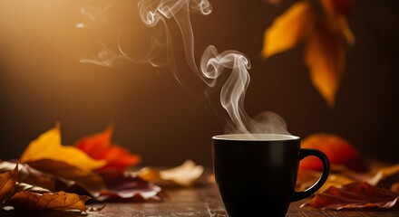 Warm autumn coffee in a dark mug, surrounded by fallen leaves, with steam rising, evoking cozy seasonal vibes