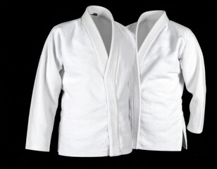 Two White Martial Arts Uniforms Displayed Against a Black Background