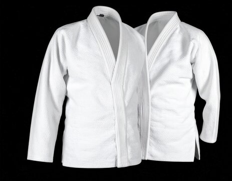 Two White Martial Arts Uniforms Displayed Against a Black Background