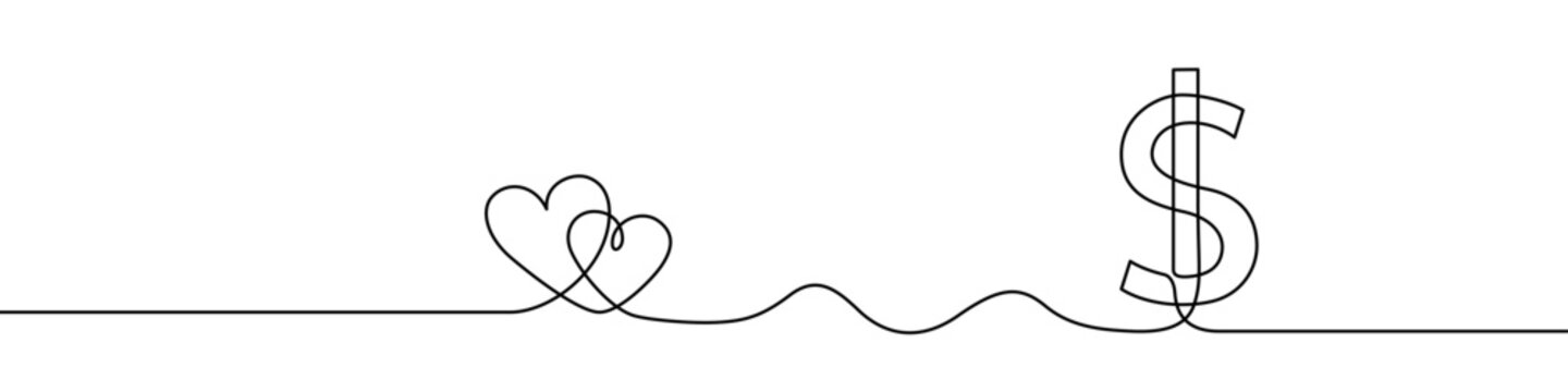 One line drawing of two hearts and a dollar sign. Connection between love and money in continuous line style. Vector illustration.