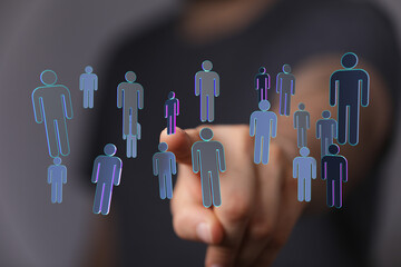 Abstract concept of online community, networking, social connections. The hand interacting with a...