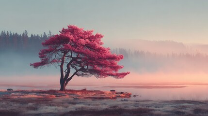 Lone tree silhouette against a pink sunset sky on a rocky hillside in a foggy, misty landscape