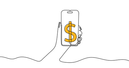Obraz premium Hand holding a smartphone with a golden dollar sign. Continuous line art for mobile banking, e-commerce, and financial apps. Vector illustration.