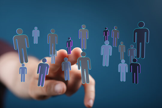 Hand touching holographic icons representing community, people, and connection in a digital environment. Teamw