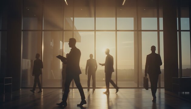 Dynamic silhouettes of diverse business professionals navigating a sleek, modern corporate office building during sunrise, embodying ambition, progress, and a bustling work environment