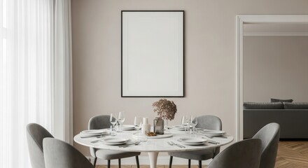 Modern dining room with empty frame ready for artwork display and elegant table setting
