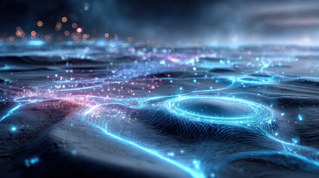 Glowing futuristic neon holographic desert interface with luminous circuits and sparkling particles conveying digital landscape and mysterious atmosphere
