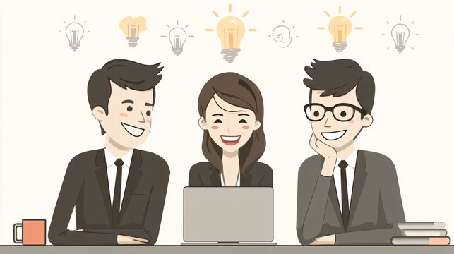 vector illustration of three businesspeople leaning over a laptop on a table, exchanging ideas with lightbulb icons above them symbolizing innovation, set against a clean abstract background 