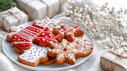 Colorful gingerbread cookies decorated for the holiday season on a cozy white blanket surrounded by festive gifts and delicate dried flowers