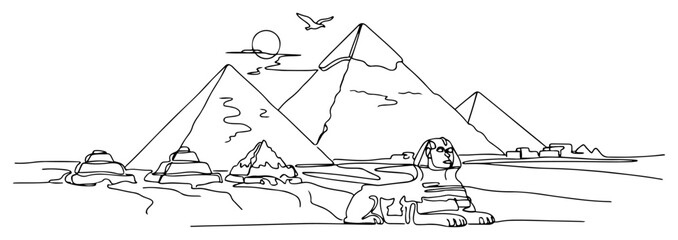 Fototapeta premium Single continuous line drawing of the Great Pyramids of Giza and the Sphinx Ancient Egypt famous landmark in one line art style vector illustration