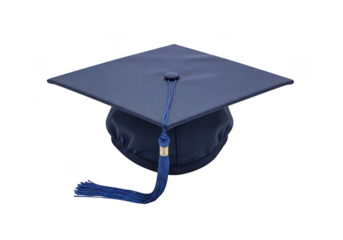 A classic dark blue graduation cap with a tassel displayed prominently on a clear transparent background isolated on transparent background