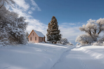 tranquil winter landscape featuring snowy trail leading to charming church nestled among snowcovered trees