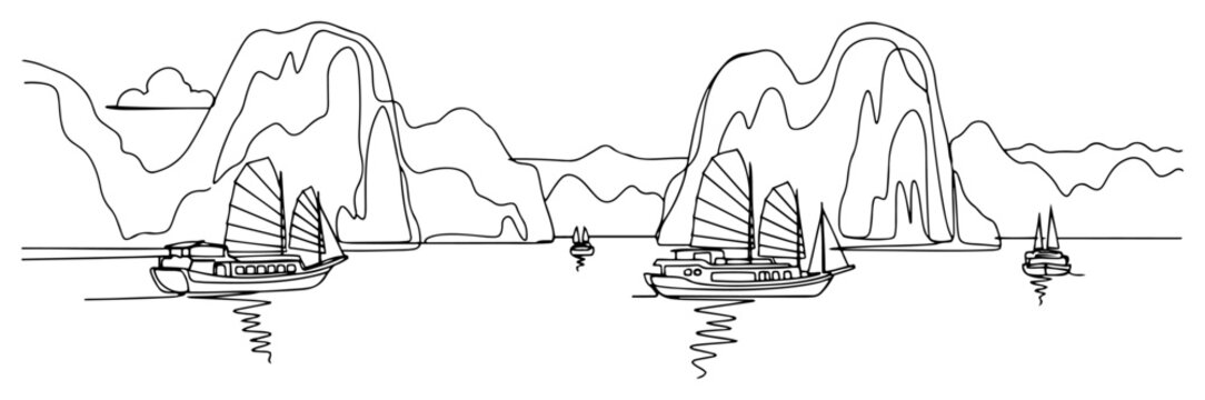 One continuous line drawing of Ha Long Bay in Vietnam Scenic Asian seascape with traditional junk boats in one line art style vector illustration