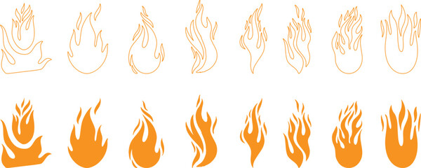 Set of stylized flame icons in outlined and solid versions, featuring dynamic fire shapes for branding, safety signs, digital art, and creative graphic design projects.