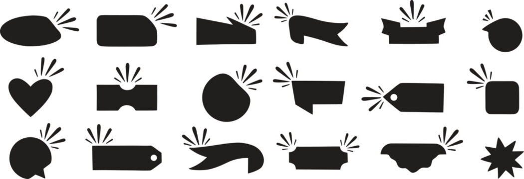 Bold black label shapes with burst accents in a modern graphic style. A versatile collection of tag silhouettes for stickers, badges, sale signs, and promotional designs. Ideal for branding, packaging