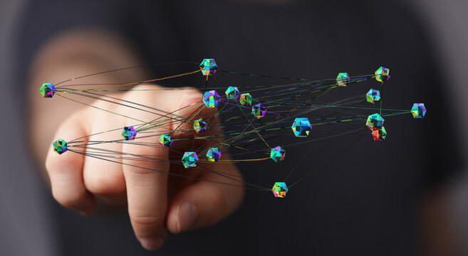 Digital network concept connecting with a finger, with abstract lines and modern glowing shapes. Illustrating c