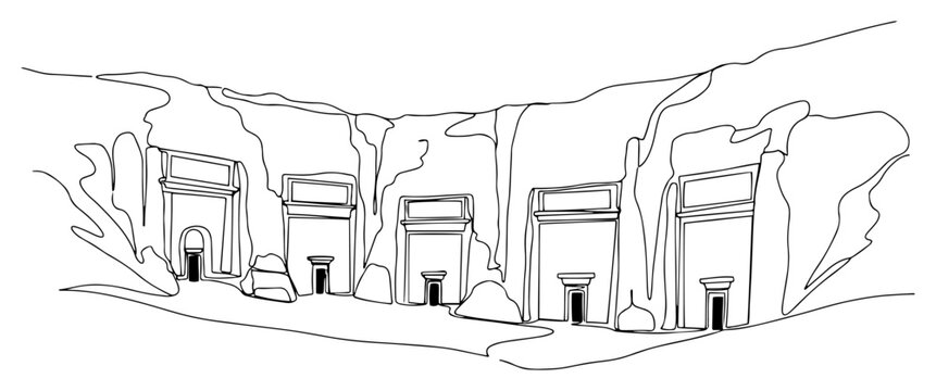 Hegra ancient city in Saudi Arabia Continuous one line drawing Famous archaeological site with Nabatean tombs minimalist vector illustration