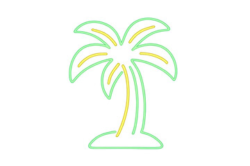 Palm tree neon sign vector with glowing green and yellow light, creating a tropical summer atmosphere, transparent background