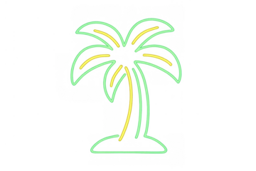 Palm tree neon sign vector with glowing green and yellow light, creating a tropical summer atmosphere, transparent background