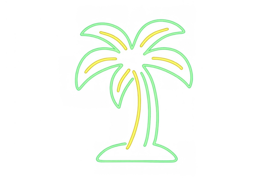 Palm tree neon sign vector with glowing green and yellow light, creating a tropical summer atmosphere, transparent background