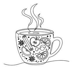 Mulled wine in a festive mug with spices Continuous one line drawing Hot winter drink minimalist vector illustration