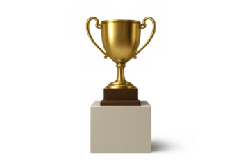 Golden trophy cup on a pedestal symbolizing victory, success, achievement, competition, and championship on transparent background