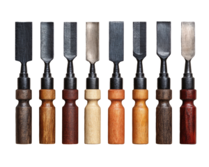A row of eight chisels with different wood handles and metal blades against a black backdrop