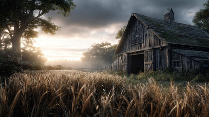 Fototapeta premium Old wooden barn at sunrise with wheat field, rural countryside landscape, dramatic sky, misty morning, weathered timber, golden crops, serene agricultural scene