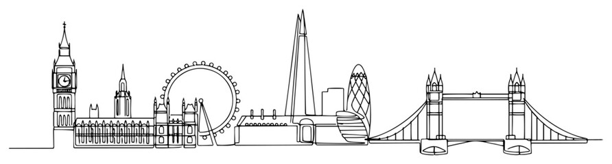 London skyline one continuous line drawing. United Kingdom famous landmarks vector art.